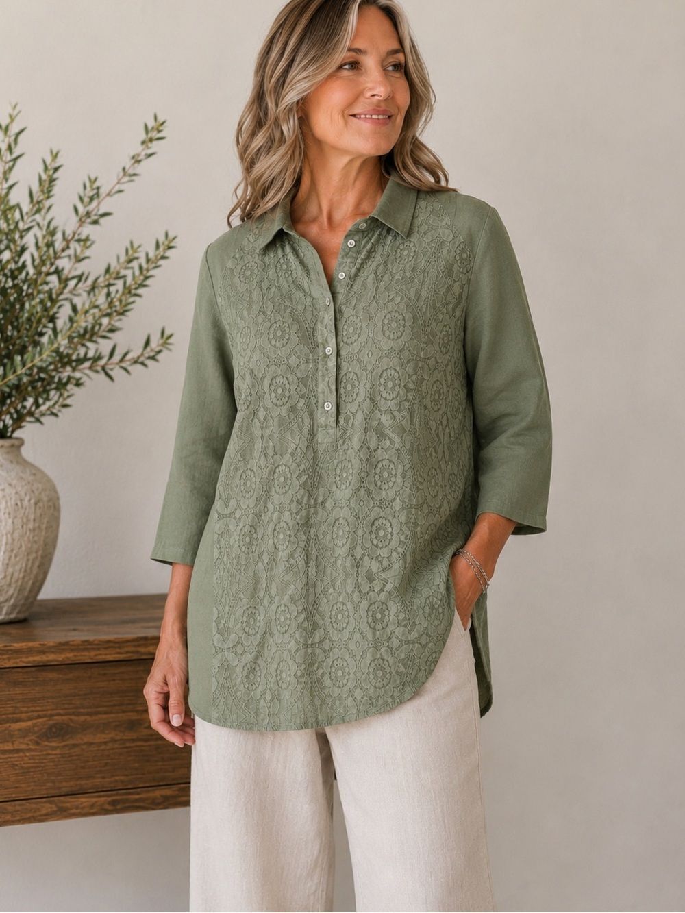 NT By Amati Linen Cotton Green Lace Detailing Tunic Blouse Size M/L